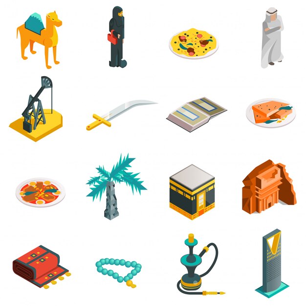 Arabia Saudita isométrica conjunto de iconos turísticos