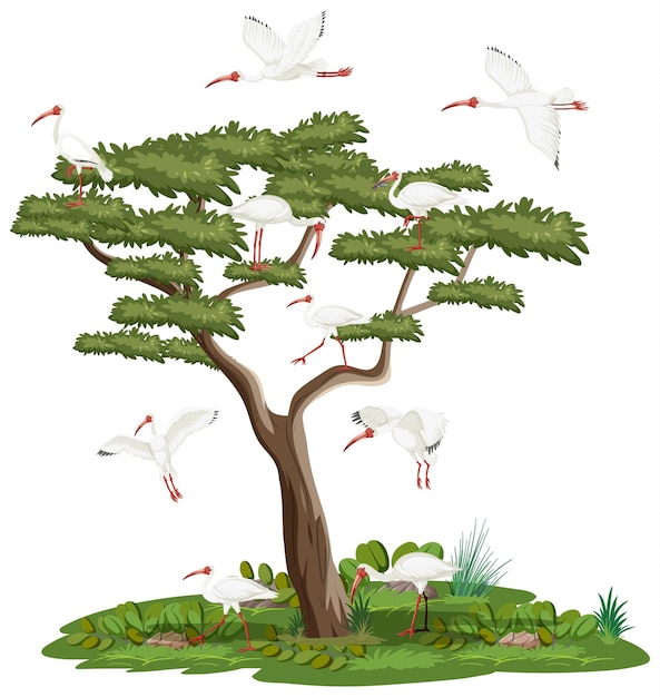 Vector gratuito Árbol aislado con grupo de ibis blanco americano