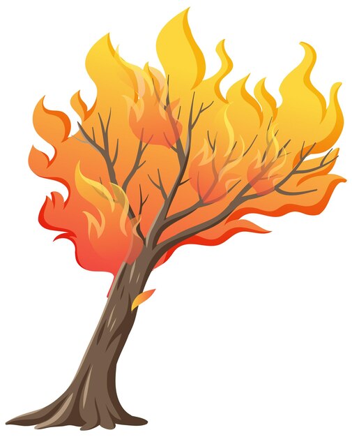 Arbol aislado en llamas en estilo de dibujos animados vectoriales