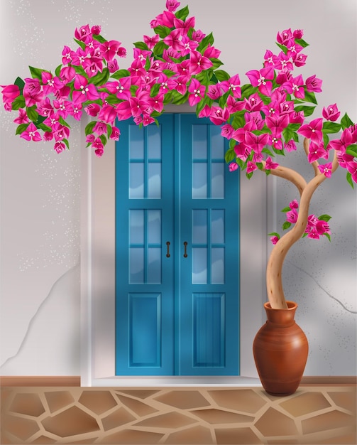 Árbol de buganvillas que crece en una olla de barro junto a la puerta principal de la casa ilustración vectorial de composición realista