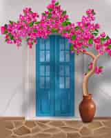 Vector gratuito Árbol de buganvillas que crece en una olla de barro junto a la puerta principal de la casa ilustración vectorial de composición realista
