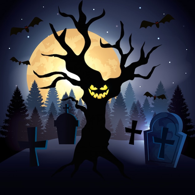 Árbol embrujado con cementerio en escena halloween