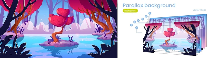 Vector gratuito árbol de fantasía con corona de forma de corazones en el estanque del bosque. fondo de paralaje de vector para juego 2d con paisaje de dibujos animados con seta roja mágica, árbol romántico inusual