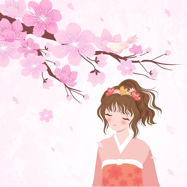 Árbol de flor de cerezo y niña japonesa en kimono