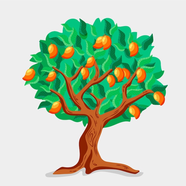 Vector gratuito Árbol de mango de diseño plano con frutas y hojas