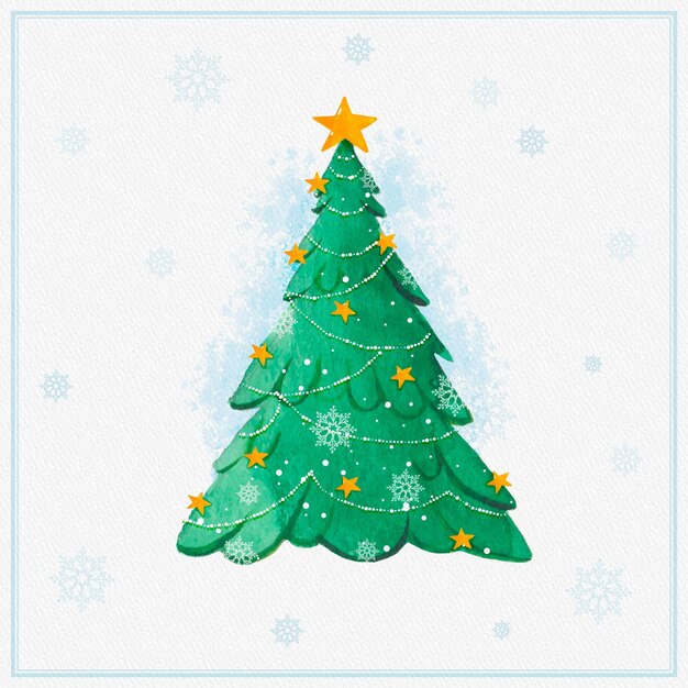 Árbol de navidad en acuarela con copos de nieve