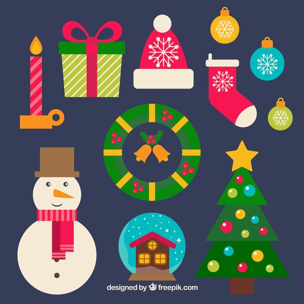 árbol de navidad y adornos en diseño plano 