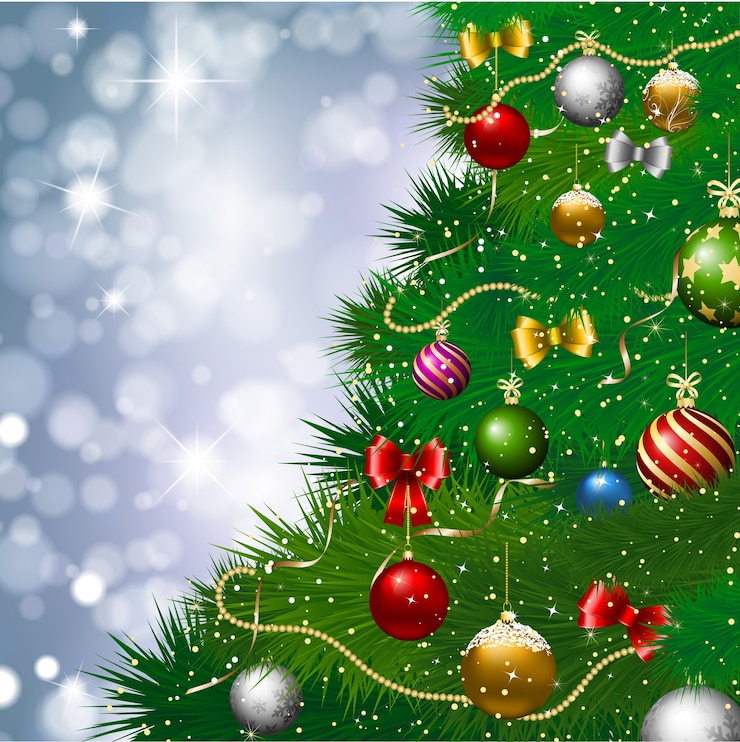 Vector gratuito árbol de navidad con decoraciones con luces bokeh