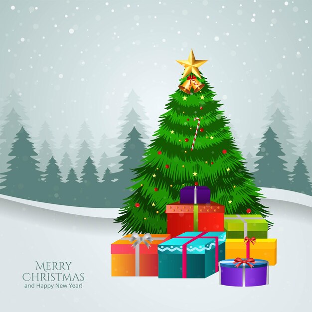 Árbol de Navidad con decoraciones regalos y tarjetas de regalo de Santa