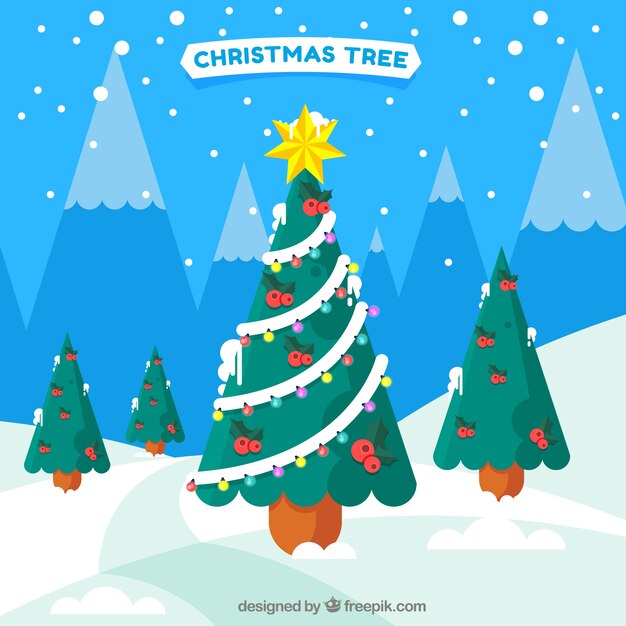Árbol de navidad decorado plano en la nieve