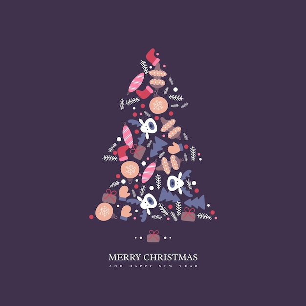 Árbol de navidad con elementos de invierno dibujados a mano de estilo garabatos. fondo oscuro con texto de saludo, ilustración vectorial.