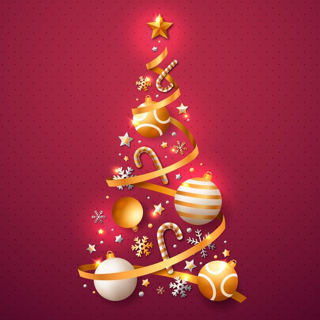Árbol de Navidad hecho de decoraciones realistas.