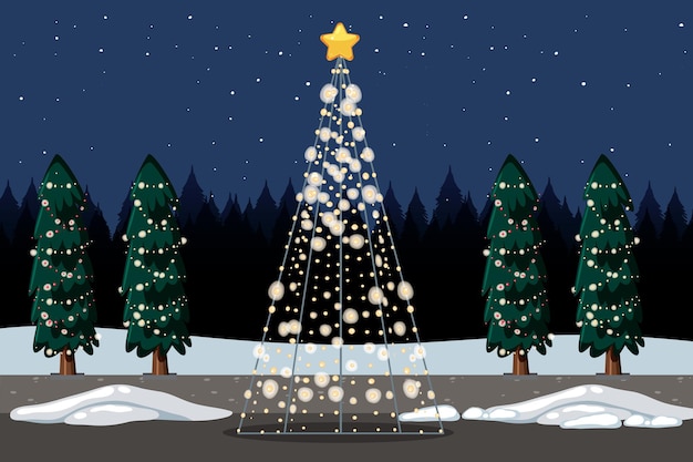 Vector gratuito Árbol de navidad ligero con pinos en escena nocturna