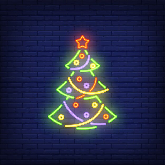 Árbol de Navidad de neón con adornos. Elemento festivo