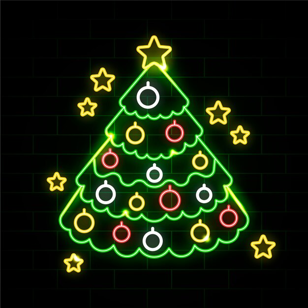 Árbol de navidad de neón en una pared de ladrillos