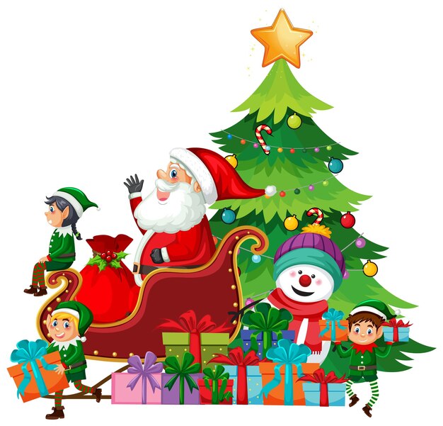 Árbol de Navidad con Papá Noel y elfos