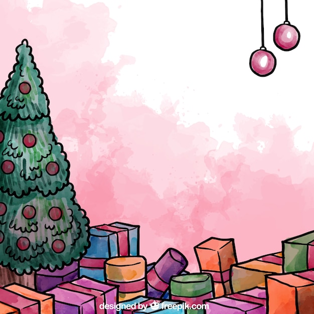 Vector gratuito Árbol de navidad pintado a mano con regalos