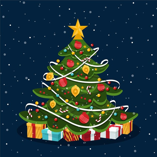 Árbol de navidad plano con adornos