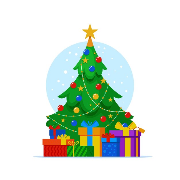 Árbol de navidad plano con regalos