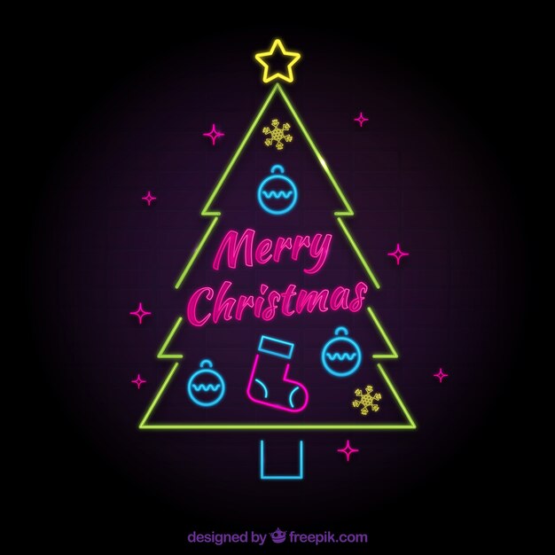 Árbol navideño con decoraciones coloridas de neón