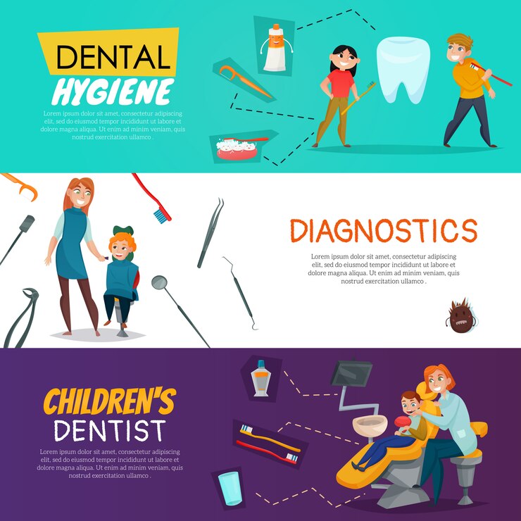 Vector gratuito árbol de odontología pediátrica con diagnóstico de higiene dental para niños