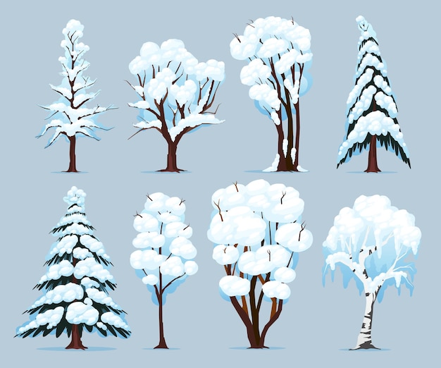 Árboles de especies caducifolias y coníferas con ramas cubiertas de nieve en invierno en fondo azul ilustración vectorial aislada