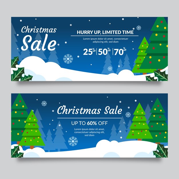 Árboles de hoja perenne con luces de cadena banners de venta de navidad