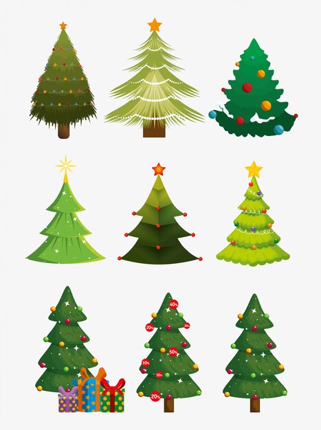 árboles de navidad con conjunto de iconos