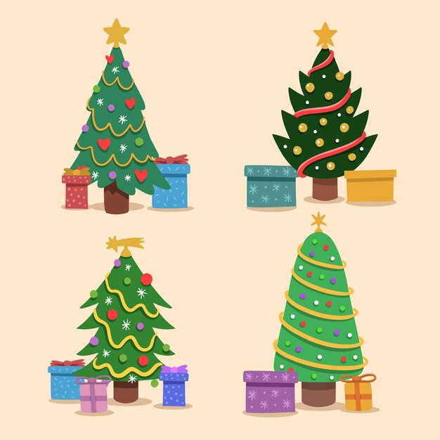 Árboles de navidad decorados dibujados a mano
