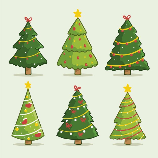 Árboles de navidad dibujados con colección de adornos.