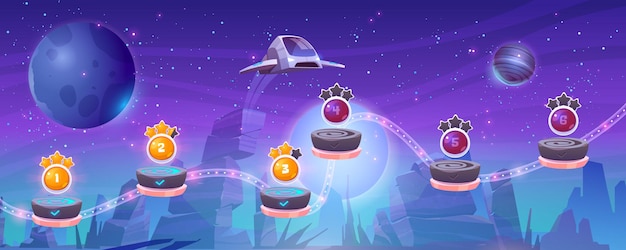 Arcade móvil con lanzadera interestelar de nave espacial sobrevolar un planeta alienígena con rocas y activos en plataformas rocosas voladoras