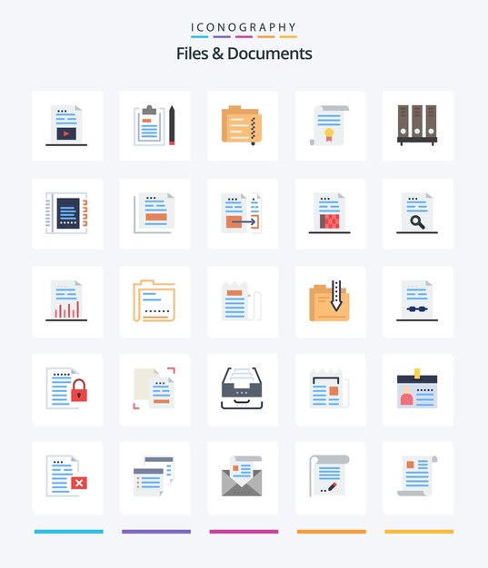 Archivos y documentos creativos 25 paquete de iconos planos como certificado de diploma documento de carpeta de bloc de notas