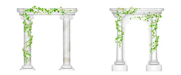 Arco antiguo con columnas de mármol y enredaderas de hiedra
