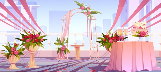 Arco de boda y decoración en la azotea del rascacielos