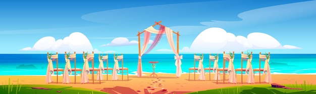 Arco de boda en la playa y decoración en la ilustración de dibujos animados junto al mar.