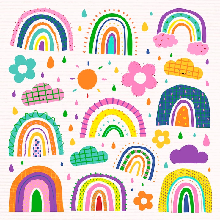 Vector gratuito arco iris de colores en el conjunto de vectores de estilo doodle funky