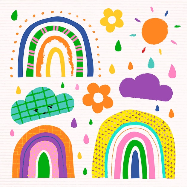 Arco iris de colores en el conjunto de vectores de estilo doodle funky