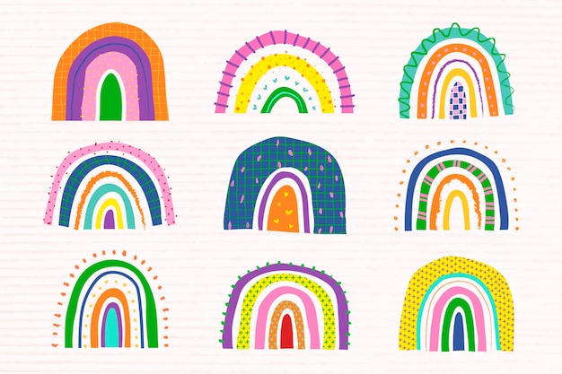 Arco iris de colores en el conjunto de vectores de estilo doodle funky