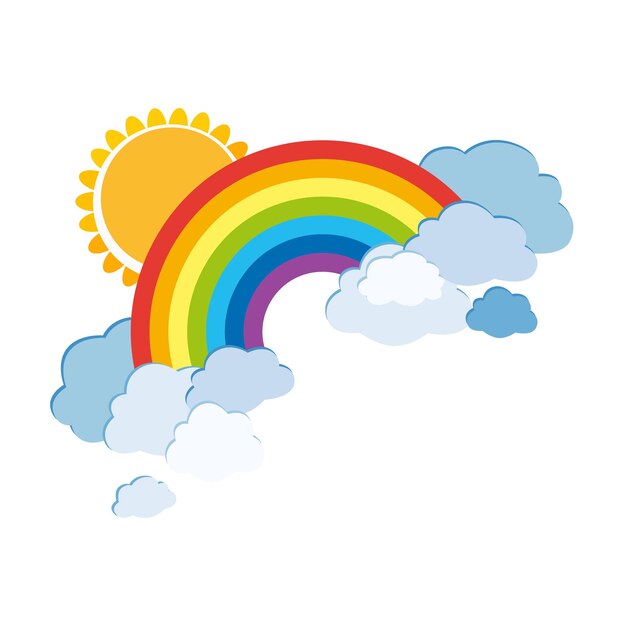 Arco iris de colores con nubes y sol Ilustración de dibujos animados aislado sobre fondo blanco Vector