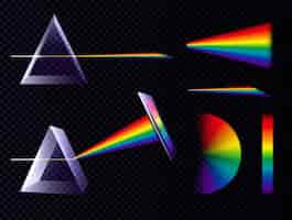 Vector gratuito arco iris de espectro de luz de prisma sobre fondo transparente con prismas triangulares y paletas de ilustración de vector de forma diferente