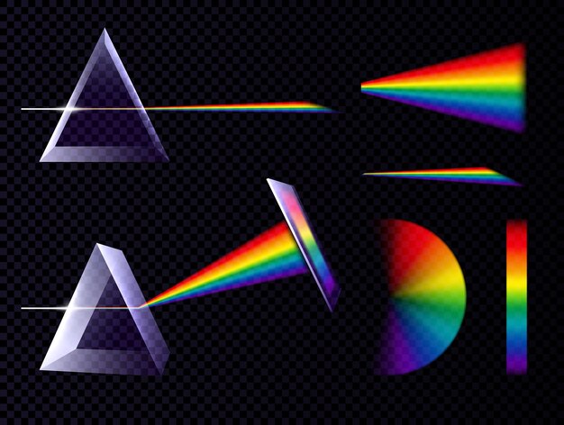 Arco iris de espectro de luz de prisma sobre fondo transparente con prismas triangulares y paletas de ilustración de vector de forma diferente