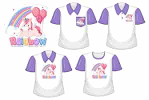 Vector gratuito arco iris con logo de unicornio y conjunto de diferentes camisas blancas con mangas cortas moradas aisladas