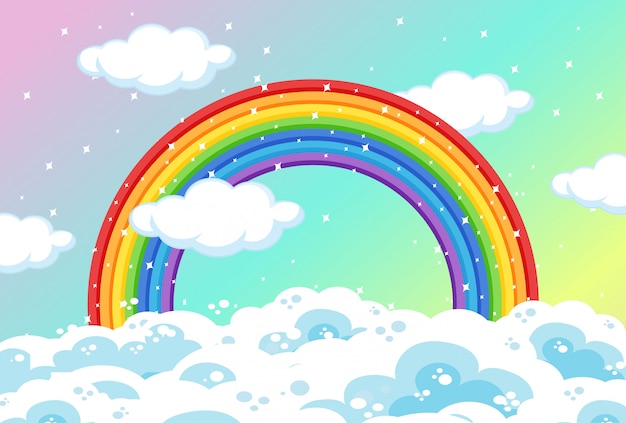 Vector gratuito arco iris con nubes y brillo sobre fondo de cielo pastel