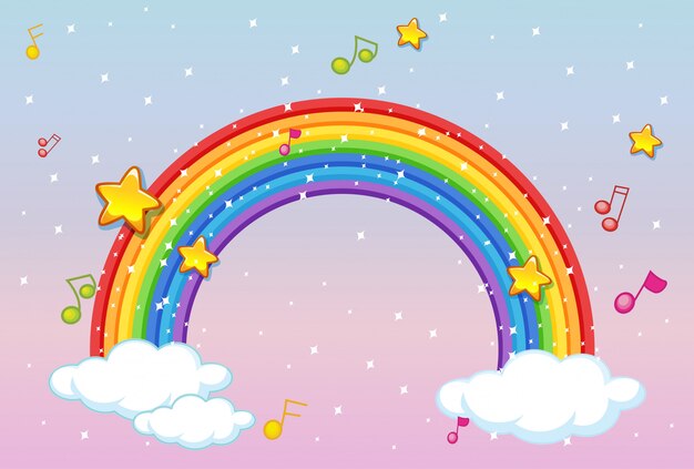 Arco iris con tema musical y brillo sobre fondo de cielo pastel