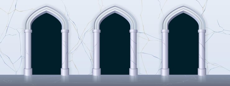 Vector gratuito arcos en pared de mármol blanco y columnas en arquitectura clásica antigua. ilustración de dibujos animados vectoriales de la fachada vintage del castillo, palacio real o templo con terraza y arcada
