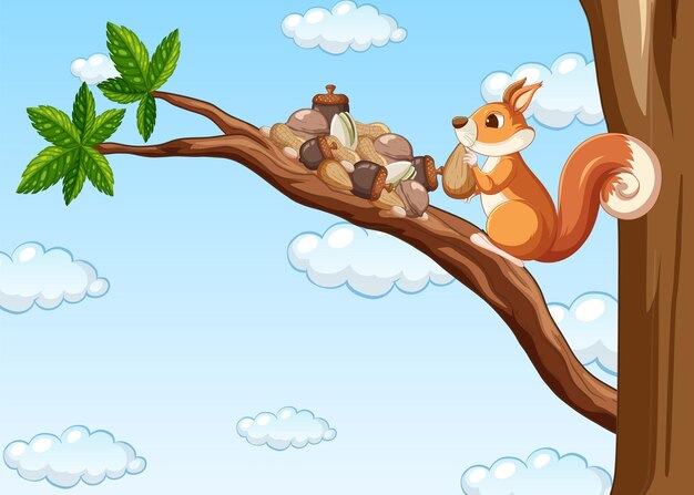 Ardilla comiendo nueces en el árbol