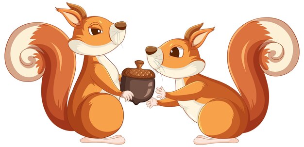 Ardilla de dibujos animados lindo sosteniendo bellota sobre fondo blanco