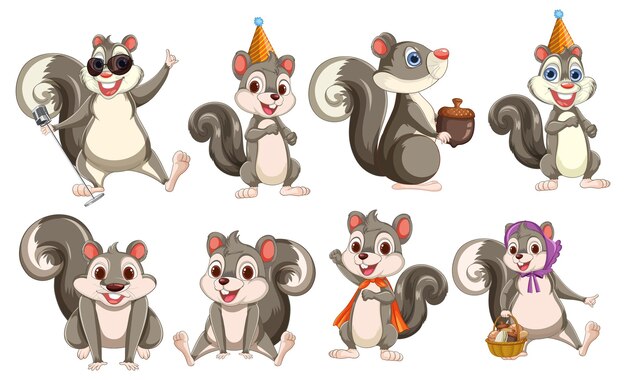 Las ardillas de dibujos animados juguetonas con varios trajes