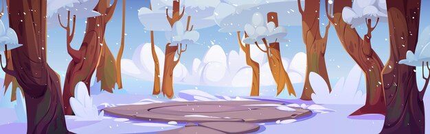 Arena de campo de batalla de piedra en el bosque nevado de invierno