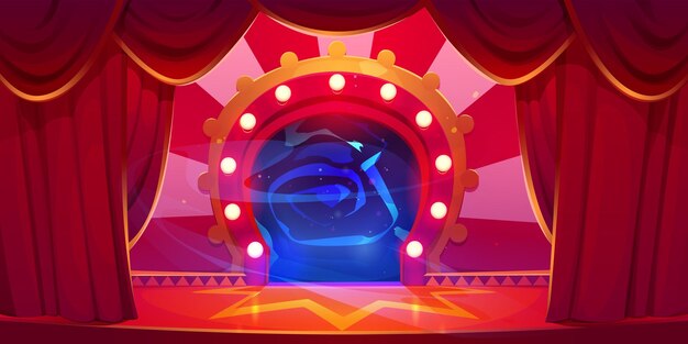 Arena de circo con portal mágico detrás de cortinas rojas